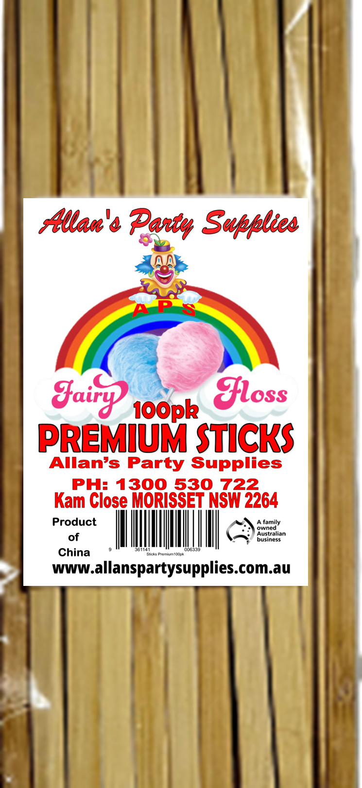 #5p APS, 100pk, Premium Eco Friendly Bamboo Fairy Floss Sticks, 250mm