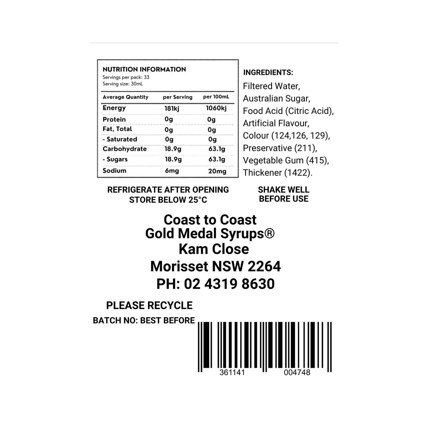 #2 Raspberry, Milkshake/Sundae toppings 1ltr, Coast to Coast Gold Medal Syrups®