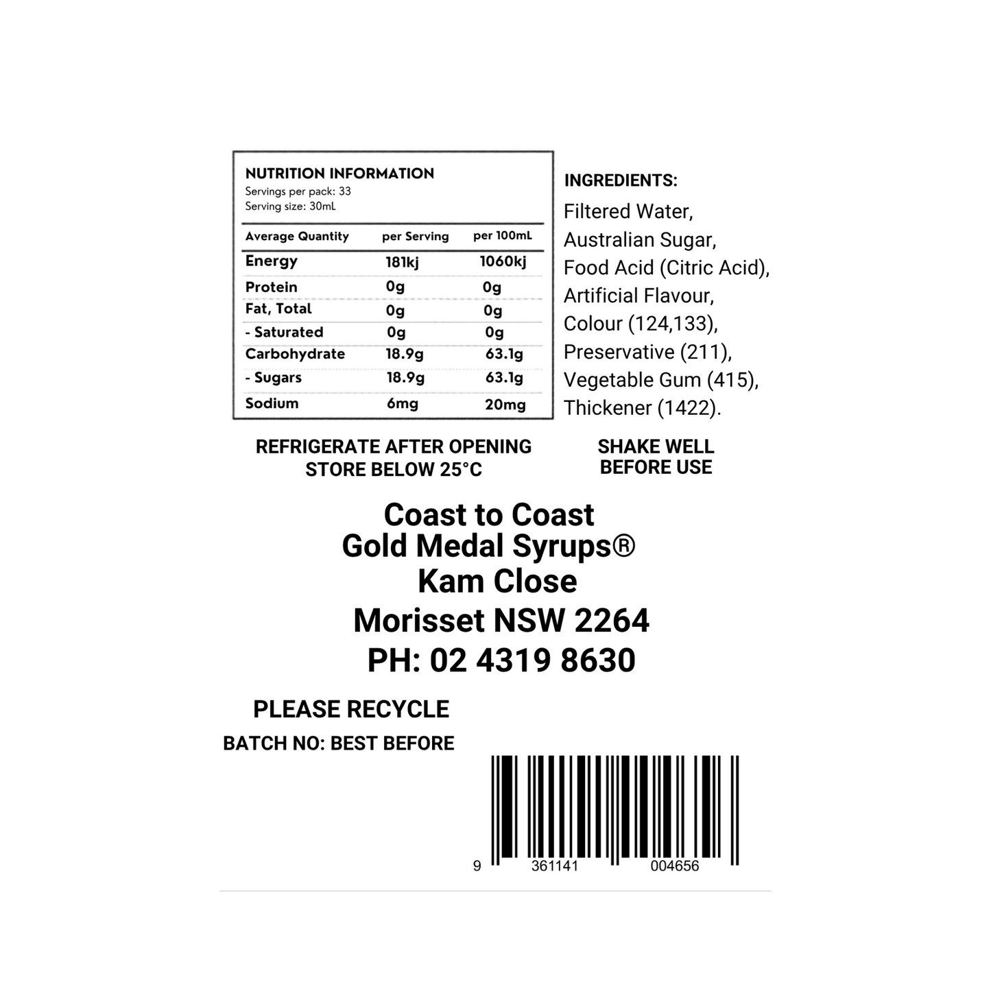#2 Fruit Tingle, Milkshake/Sundae toppings 1ltr, Coast to Coast Gold Medal Syrups®