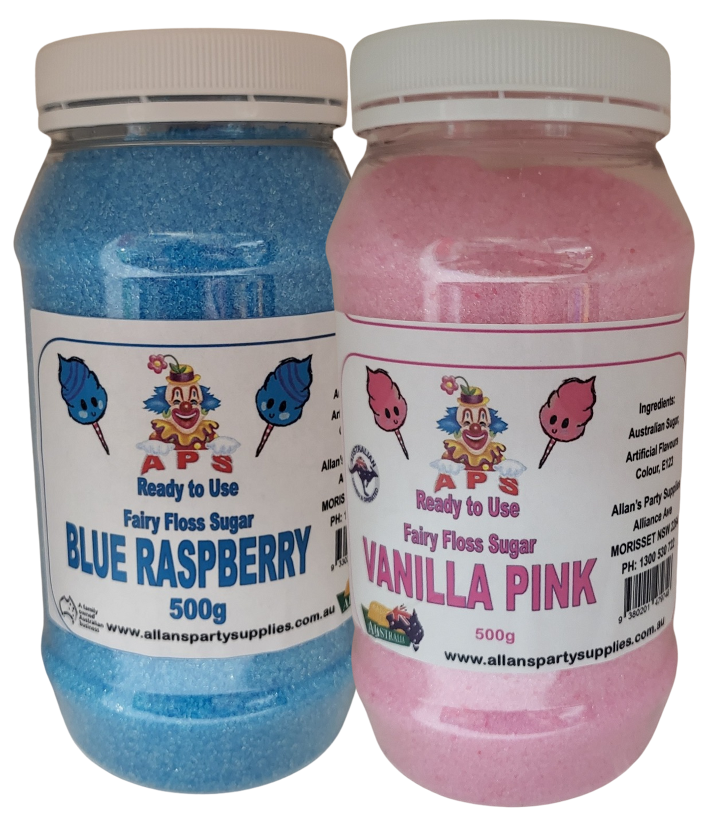 #2 APS, Premium Fairy Floss Sugar, Vanilla Pink & Blue Raspberry RTU, 2 x 500g Jars,