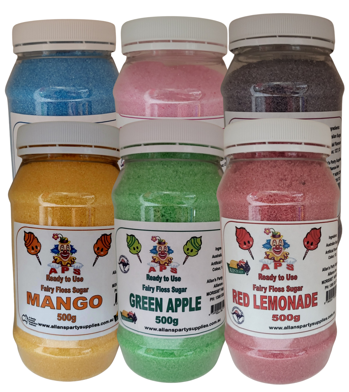 #2 APS, Premium Fairy Floss Sugar, Value Pack 6 x 500g Resealable Jars Over 35 flavours