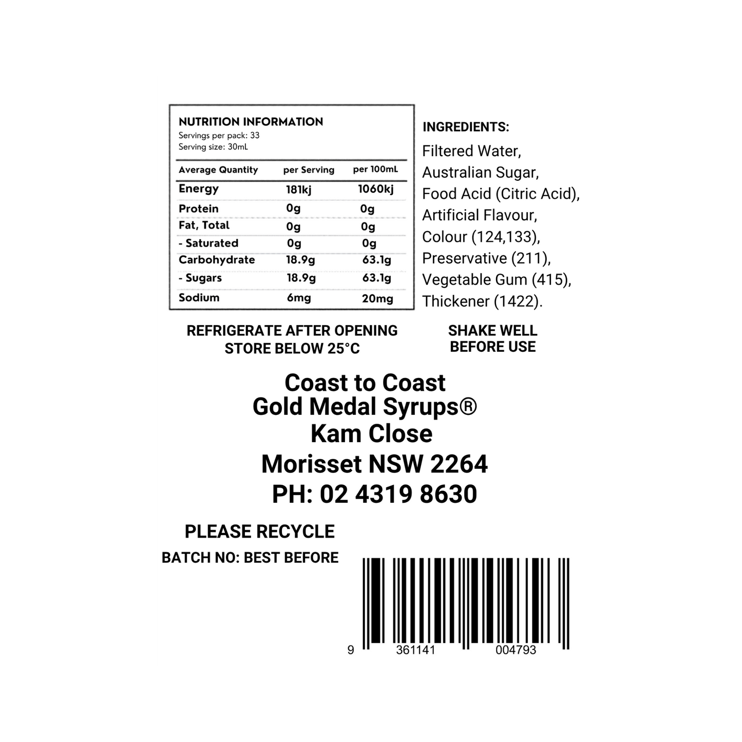 #2 Wildberry, Milkshake/Sundae toppings 1ltr, Coast to Coast Gold Medal Syrups®