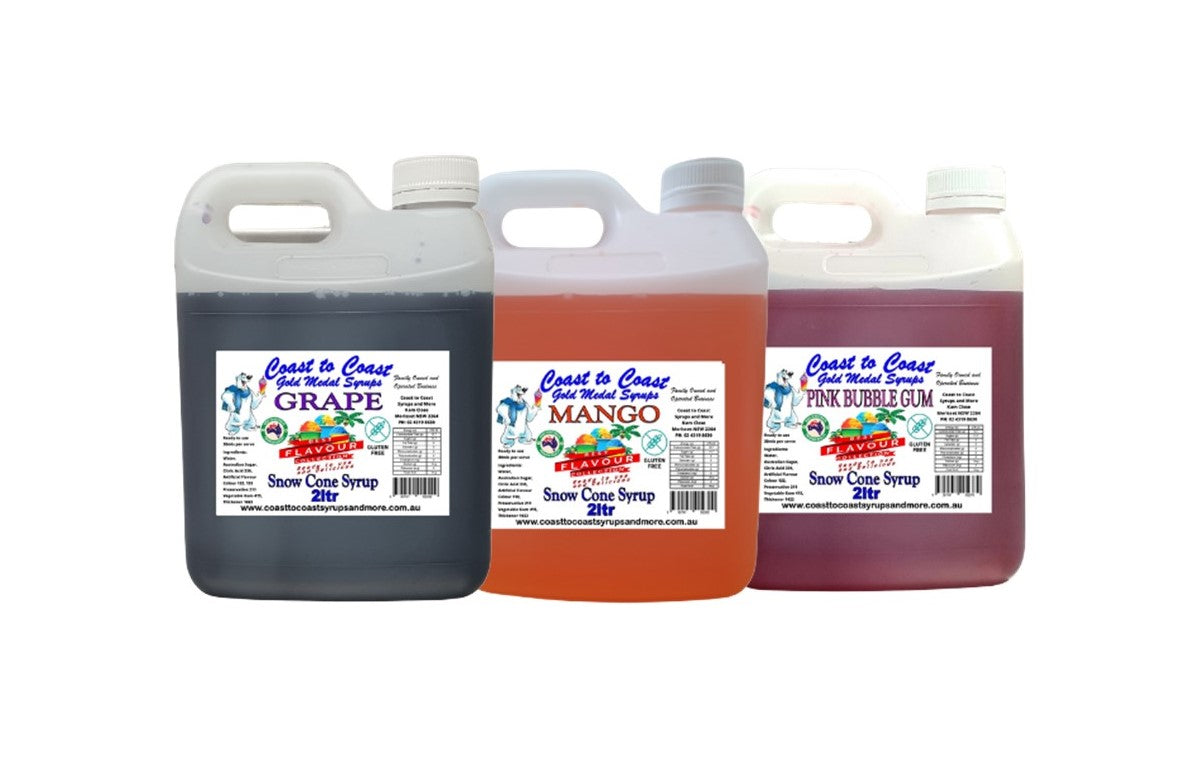 #5 COAST TO COAST GOLD MEDAL SYRUPS®, 3 X 2LTR BOTTLES ASSORTED FLAVOURS, PREMIUM SNOW CONE SYRUPS