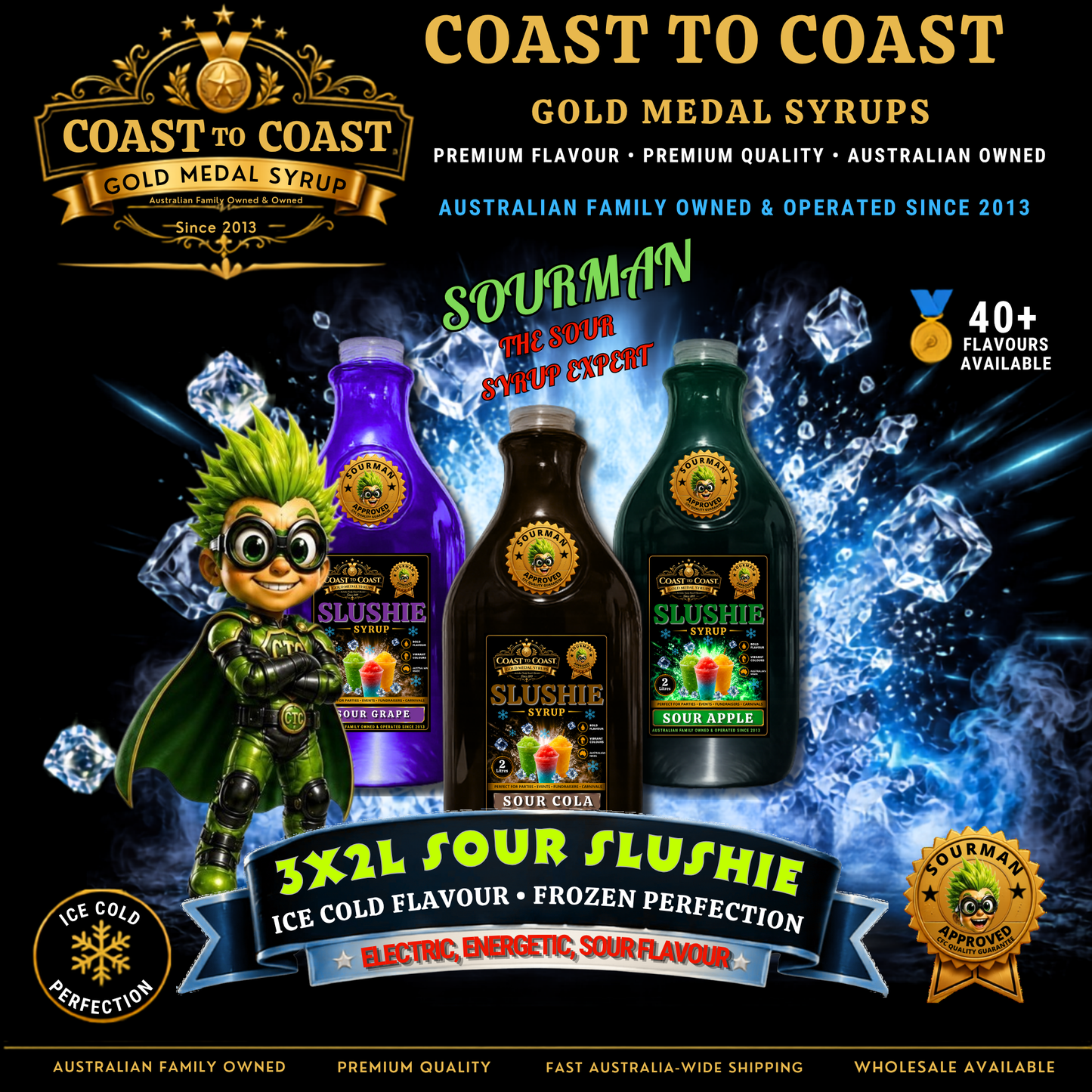 Premium Assorted Flavours Sour Slushie Syrups 3x2ltr - Coast to Coast Gold Medal Syrups