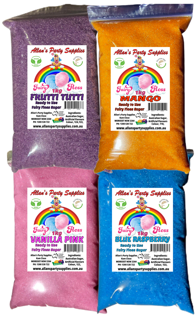 #3 APS, Premium Fairy Floss Sugar Ready to Use, 4 x 1kg over 35 Flavours,