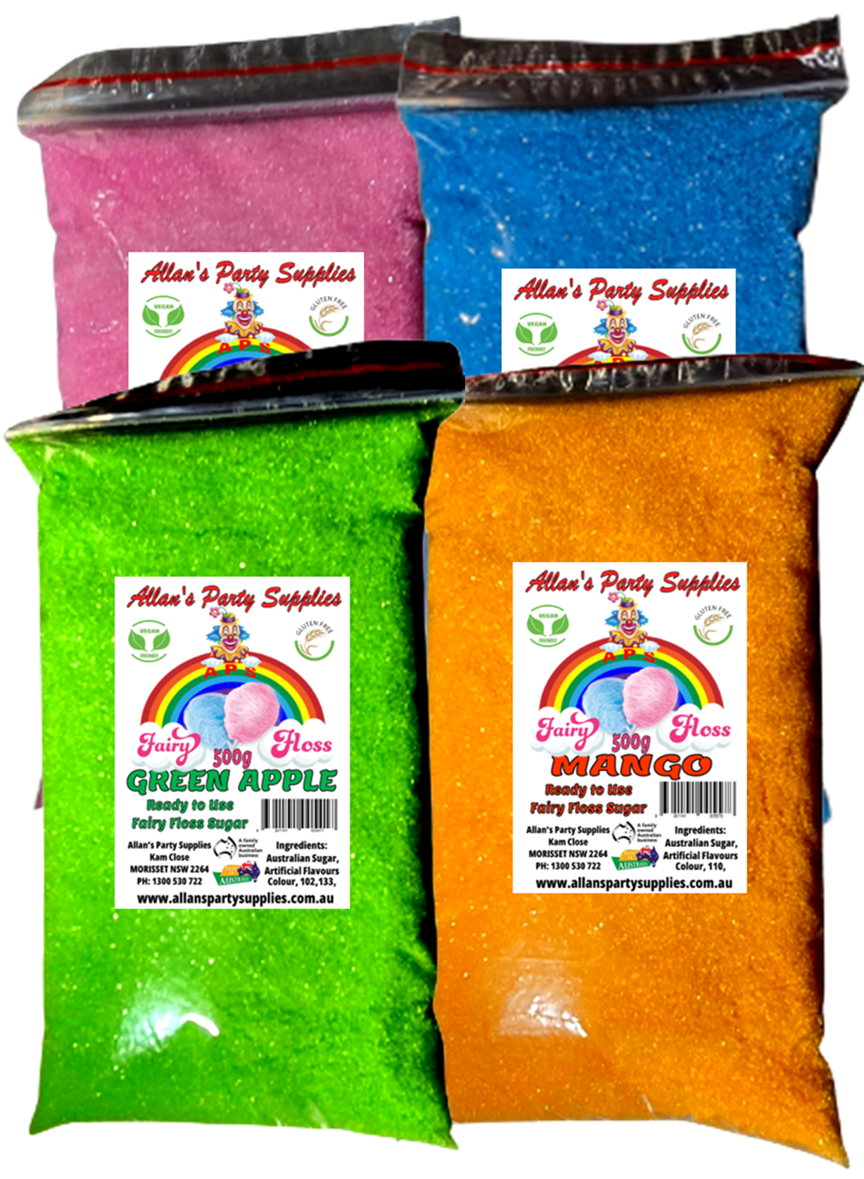 #2 APS, 4 x 500g bags Fairy Floss Sugar Ready to Use, 4 Flavours, You Choose Your Flavours