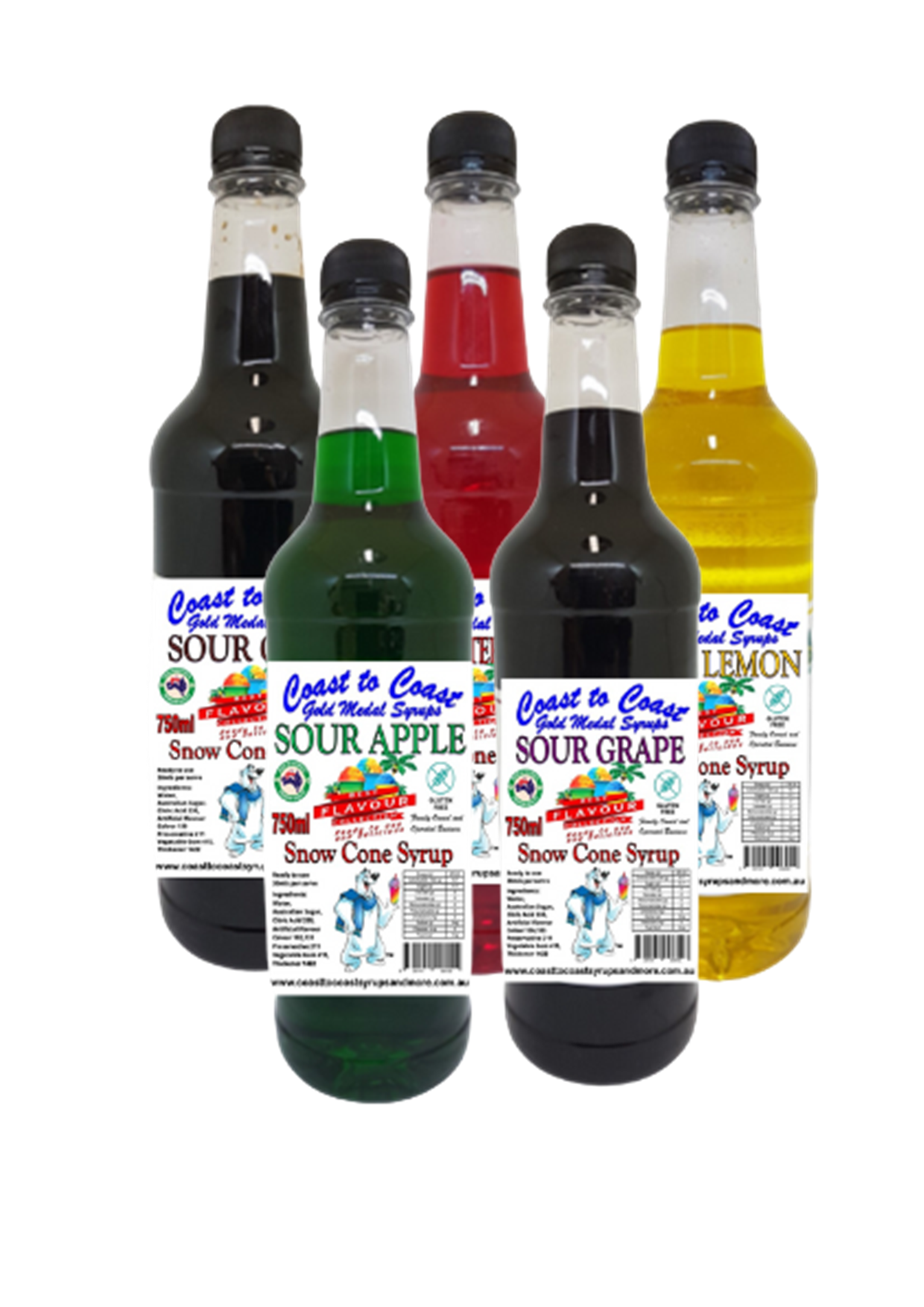 #3 New Sour Range, Coast to Coast Gold Medal Syrups®, Sour Flavoured Snow Cone Syrups 5 x 750ml
