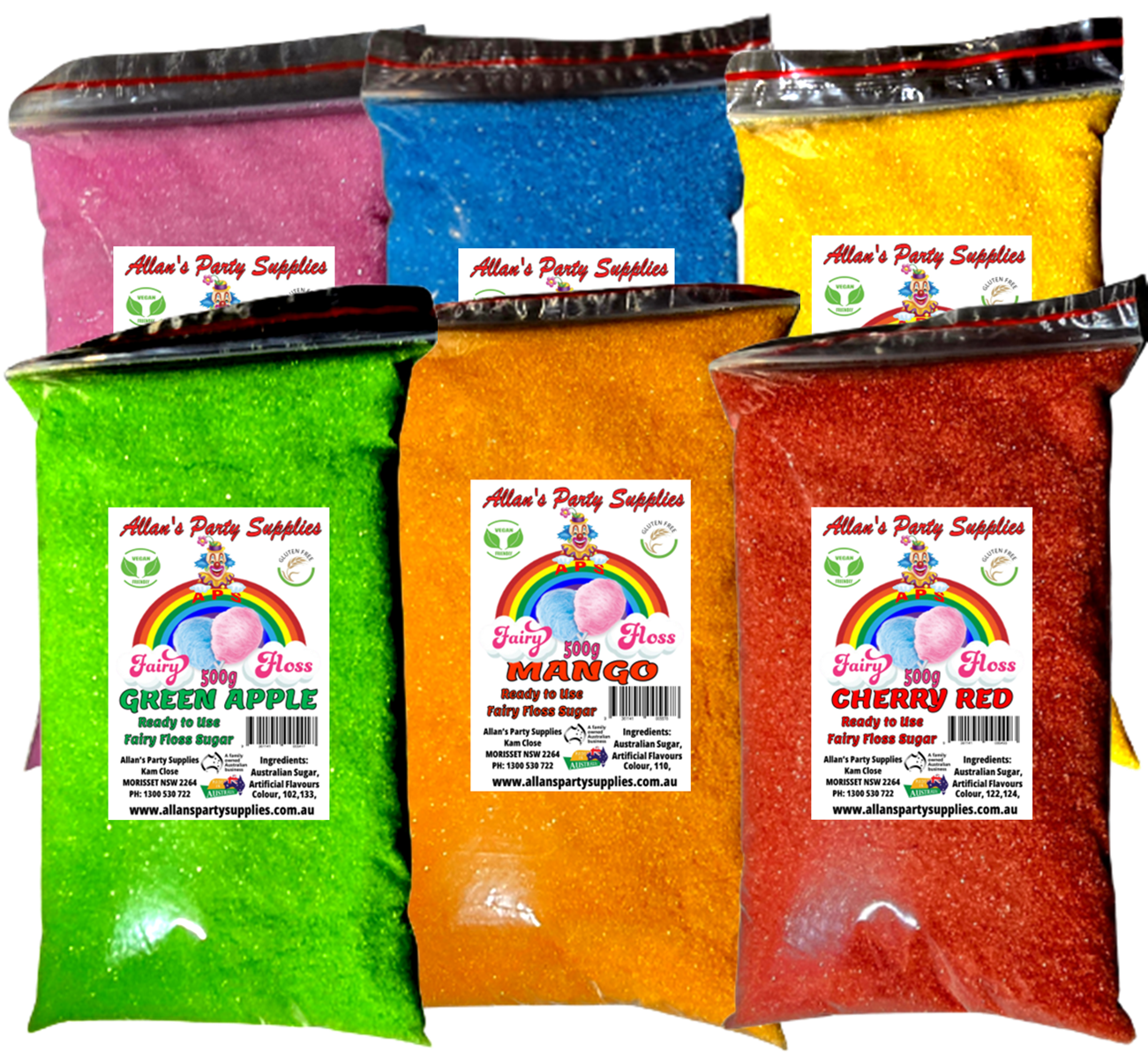 #2 APS, 6 x 500g Bags Fairy Floss Sugar Ready to Use, 6 Flavours, You Choose Your Flavours