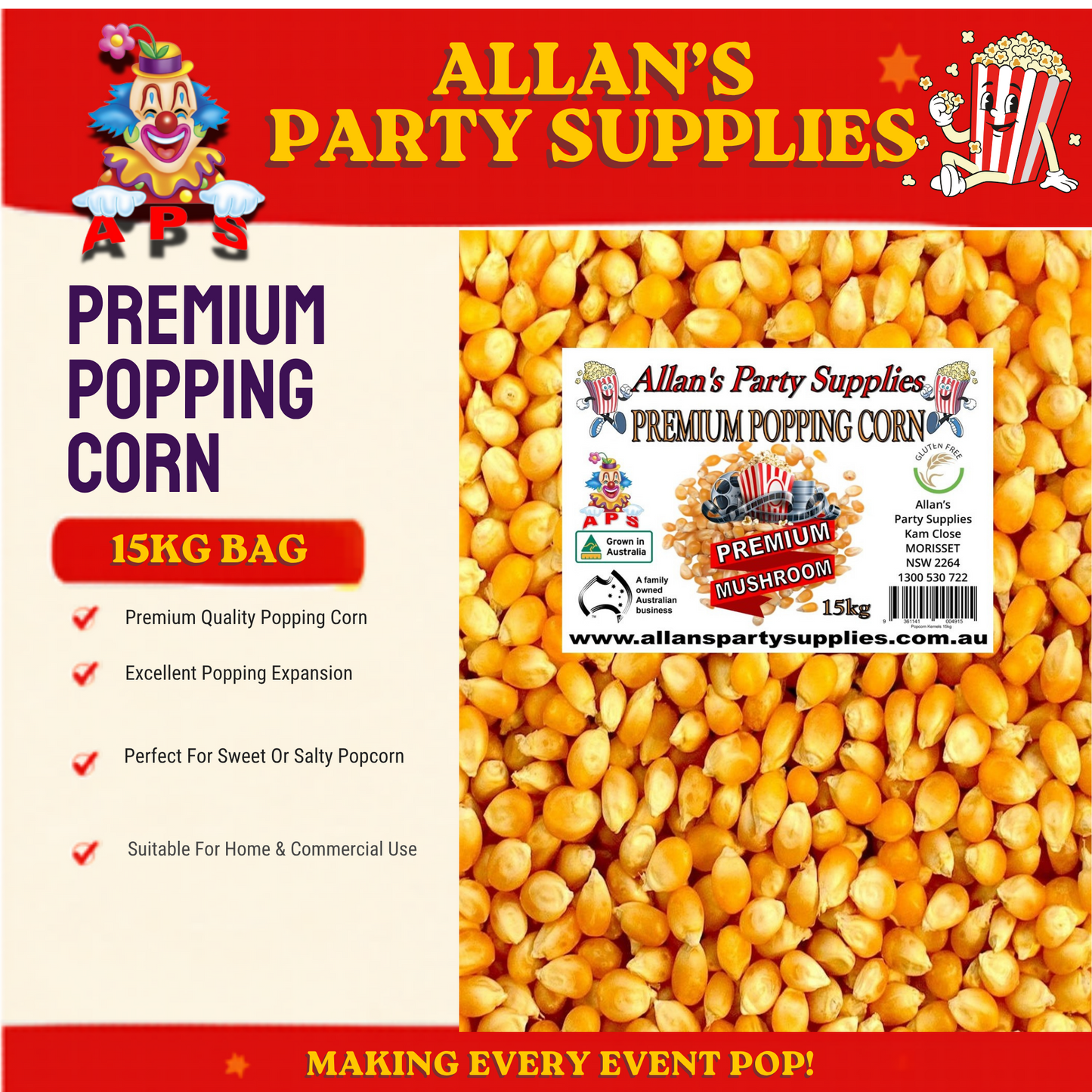#4 APS, Popping Corn, Australian Grown Premium Genuine Cinema Quality 15kg Bulk