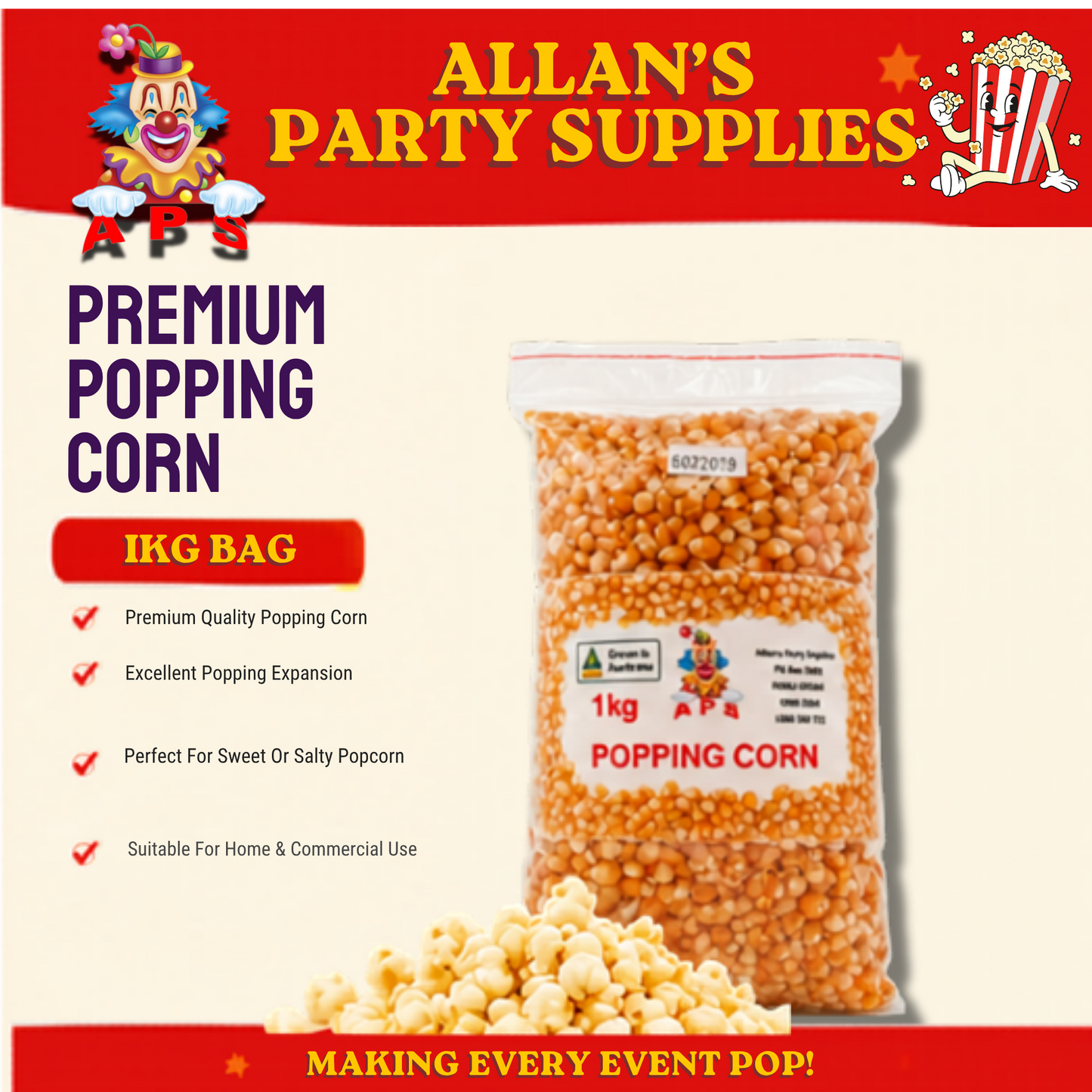 #4 APS, 1kg Bag Premium 100% Australian Grown Popcorn Kernels,