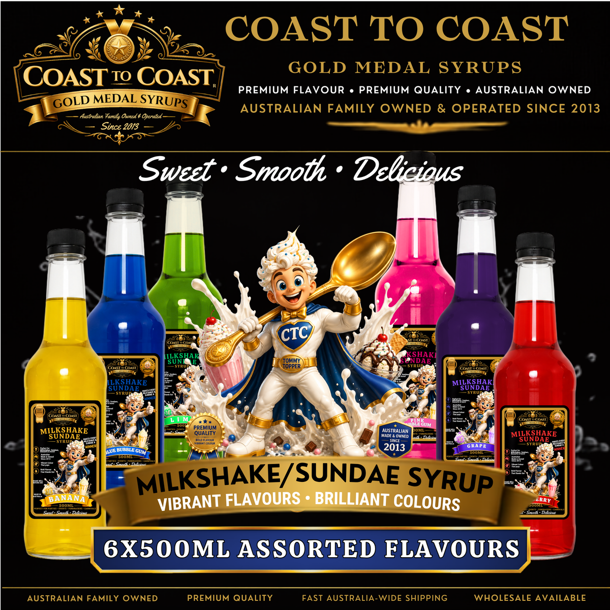 Assorted Flavours 6 x 500ml, Milkshake/Sundae Toppings - Coast to Coast Gold Medal Syrups®