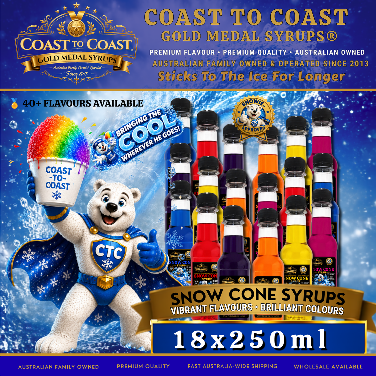 Assorted Snow Cone Syrup 18x250ml - Coast to Coast Gold Medal Syrups®