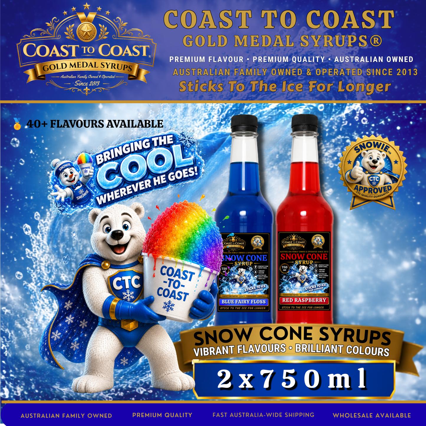 Assorted Flavours Snow Cone Syrup 2x750ml - Coast to Coast Gold Medal Syrups®