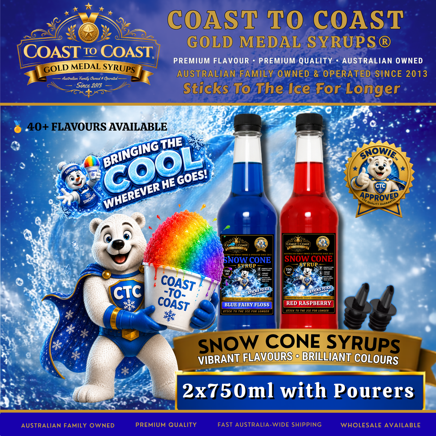 Assorted Flavours Snow Cone Syrup 2x750ml with Pourers - Coast to Coast Gold Medal Syrups®