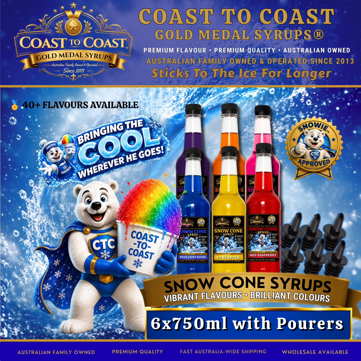 Assorted Flavours Snow Cone Syrup 6x750ml with Pourers - Coast to Coast Gold Medal Syrups®