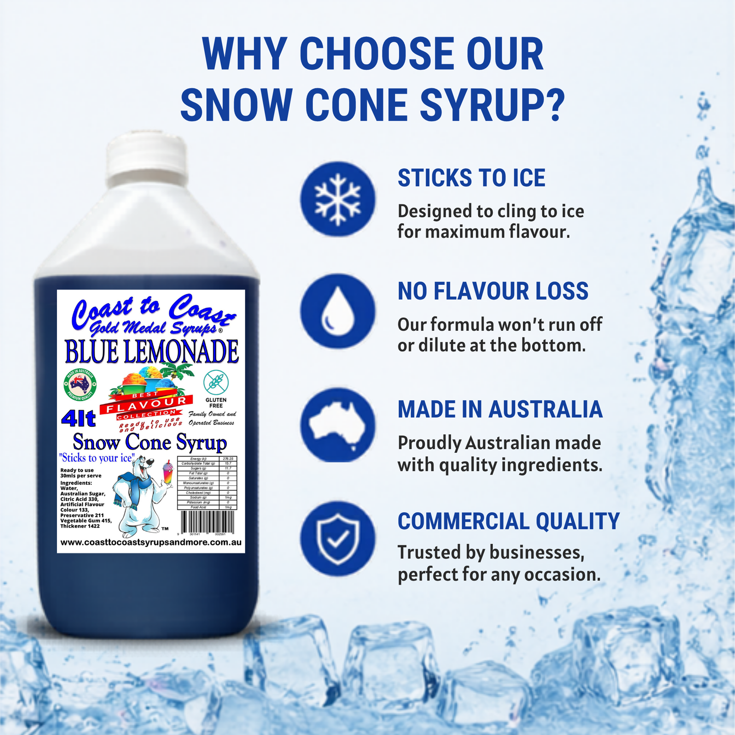6 Blue Lemonade Snow Cone Syrup, 4Ltr, Premium Ice Syrup, Coast to Coast Gold Medal Syrups®