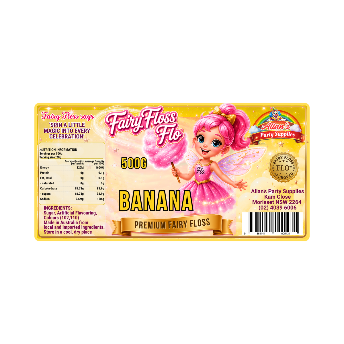 Banana Fairy Floss Sugar – 500g Jar - Allan's Party Supplies