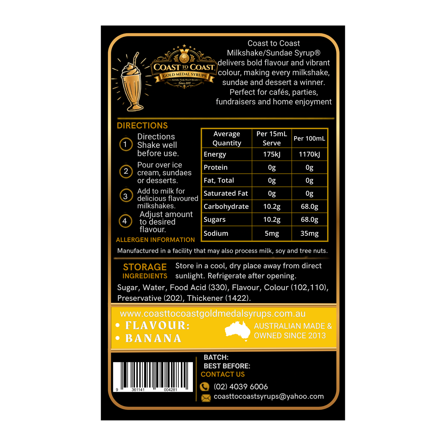 Banana, Milkshake/Sundae toppings 500ml - Coast to Coast Gold Medal Syrups®