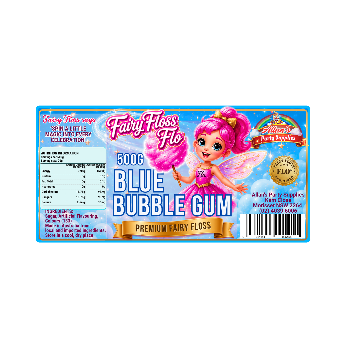Blue Bubble Gum Fairy Floss Sugar – 500g Jar - Allan's Party Supplies