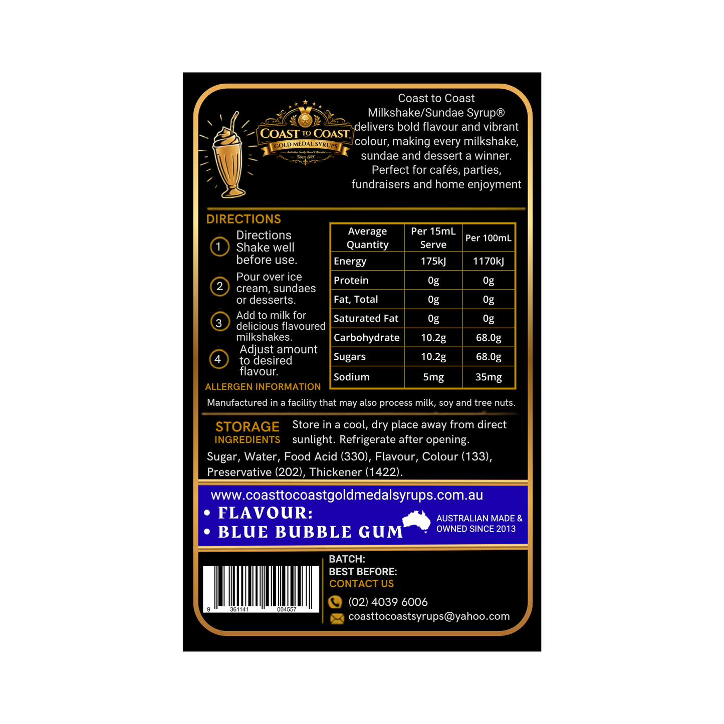 Blue Bubble Gum, Milkshake/Sundae toppings 1ltr - Coast to Coast Gold Medal Syrups®