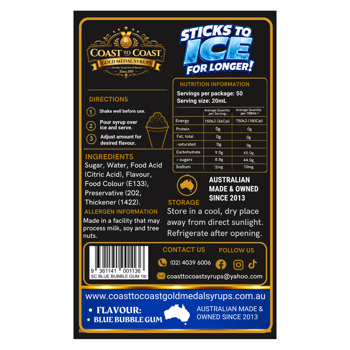 Blue Bubble Gum Snow Cone Syrups 1ltr - Coast to Coast Gold Medal Syrups®
