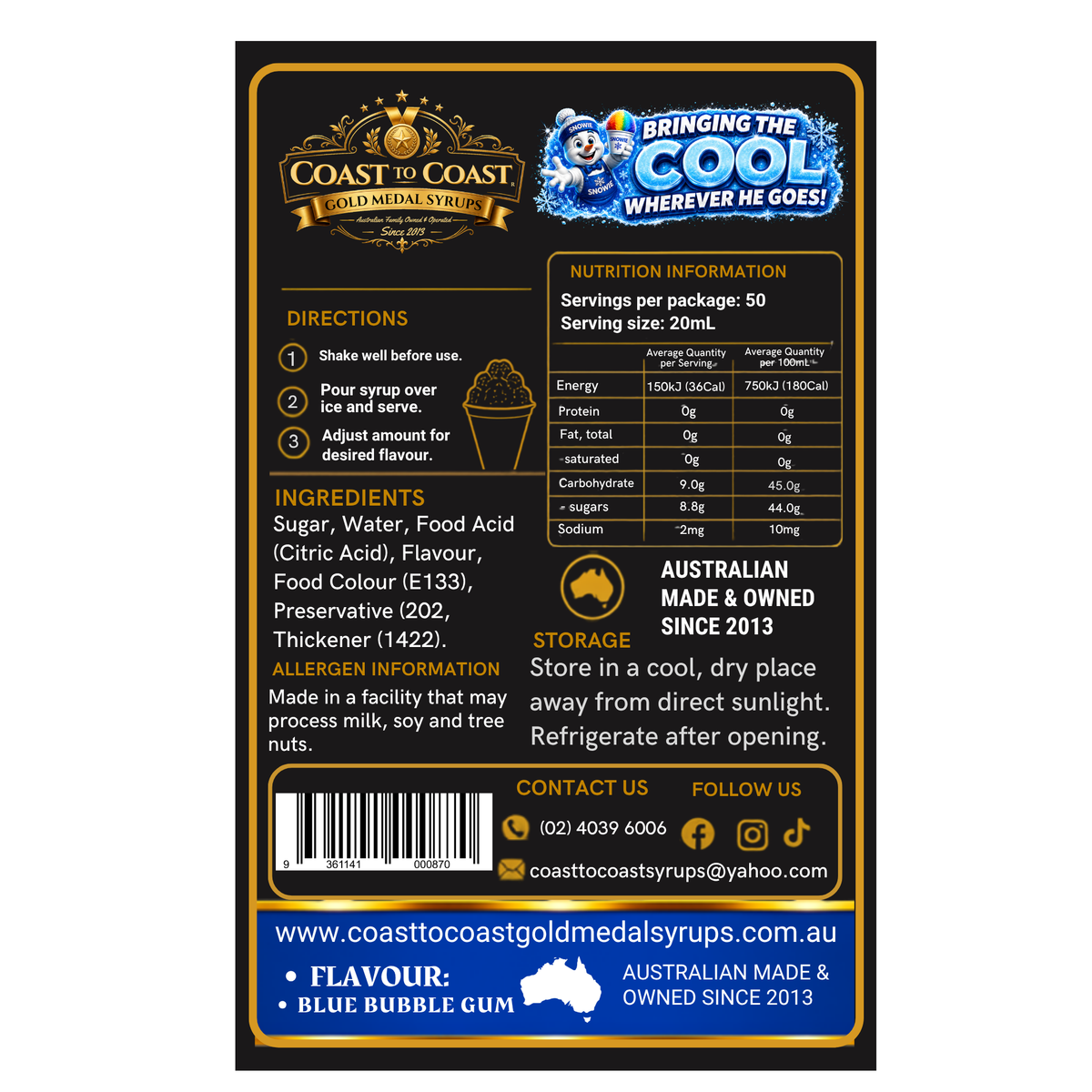 Blue Bubble Gum Snow Cone Syrups 750ml - Coast to Coast Gold Medal Syrups®