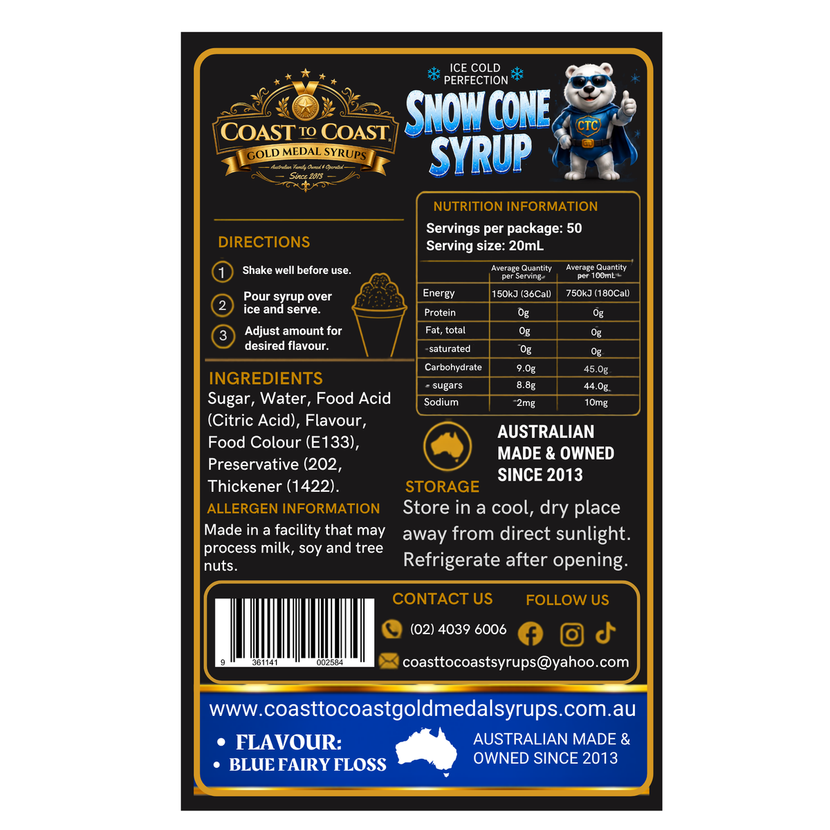 Blue Fairy Floss Snow Cone Syrups 4ltr - Coast to Coast Gold Medal Syrups®
