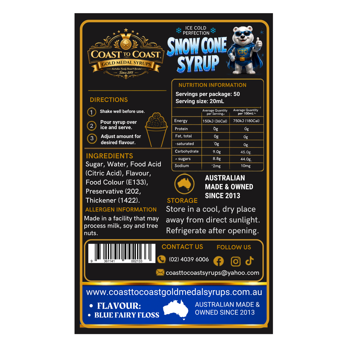 Blue Fairy Floss Snow Cone Syrups 2ltr - Coast to Coast Gold Medal Syrups®