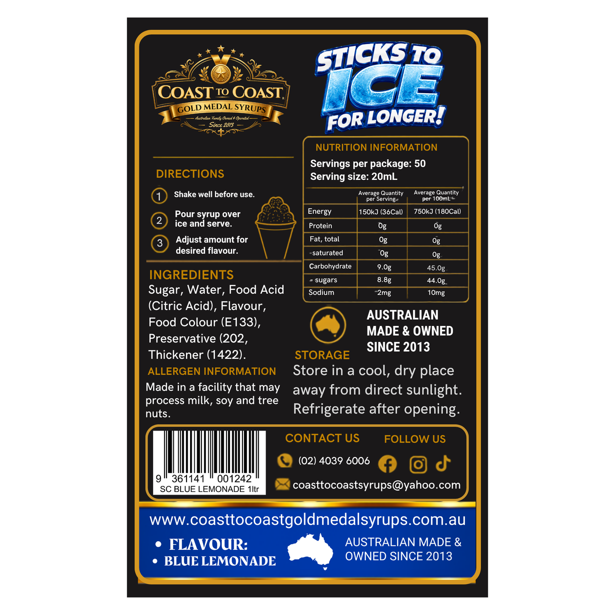 Blue Lemonade Snow Cone Syrups 1ltr - Coast to Coast Gold Medal Syrups®