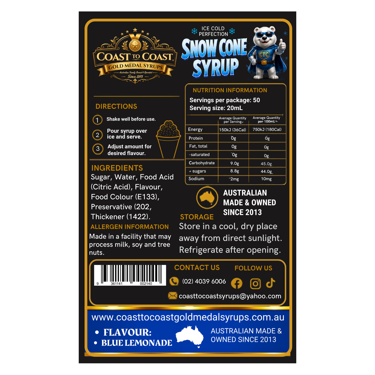 Blue Lemonade Snow Cone Syrups 2ltr - Coast to Coast Gold Medal Syrups®