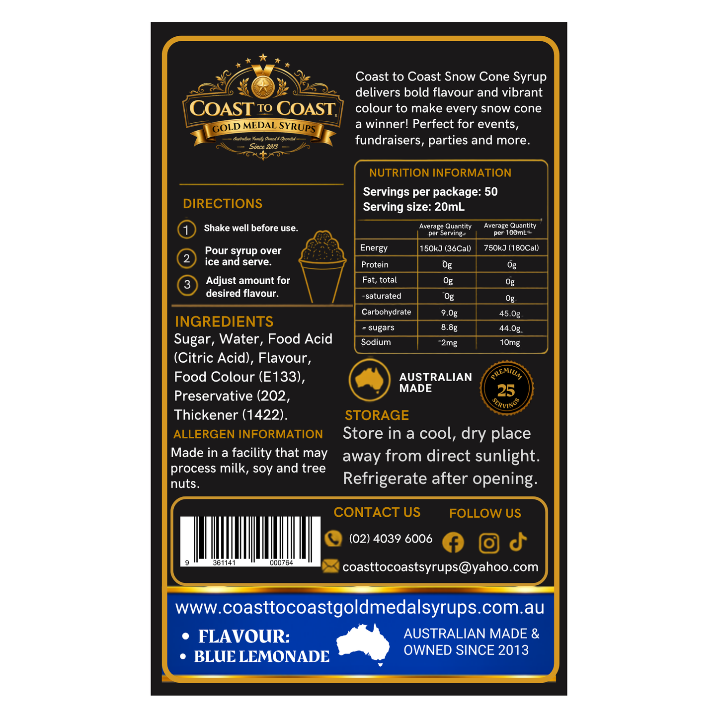 Blue Lemonade Snow Cone Syrups 750ml - Coast to Coast Gold Medal Syrups®