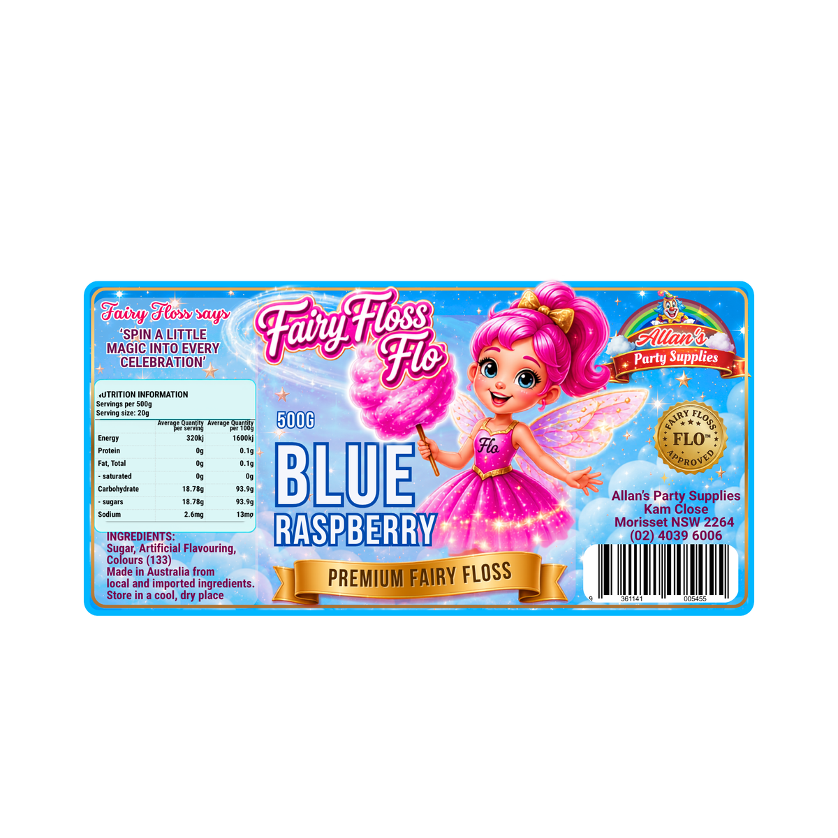Blue Raspberry Fairy Floss Sugar – 500g Jar - Allan's Party Supplies