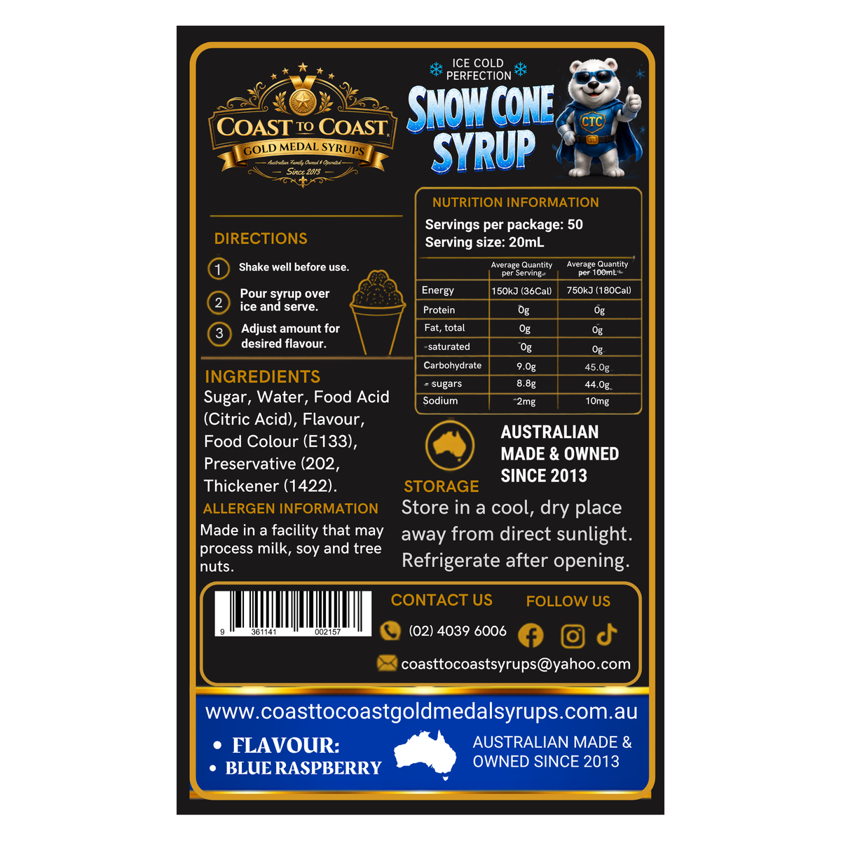 Blue Raspberry Snow Cone Syrups 2ltr - Coast to Coast Gold Medal Syrups®