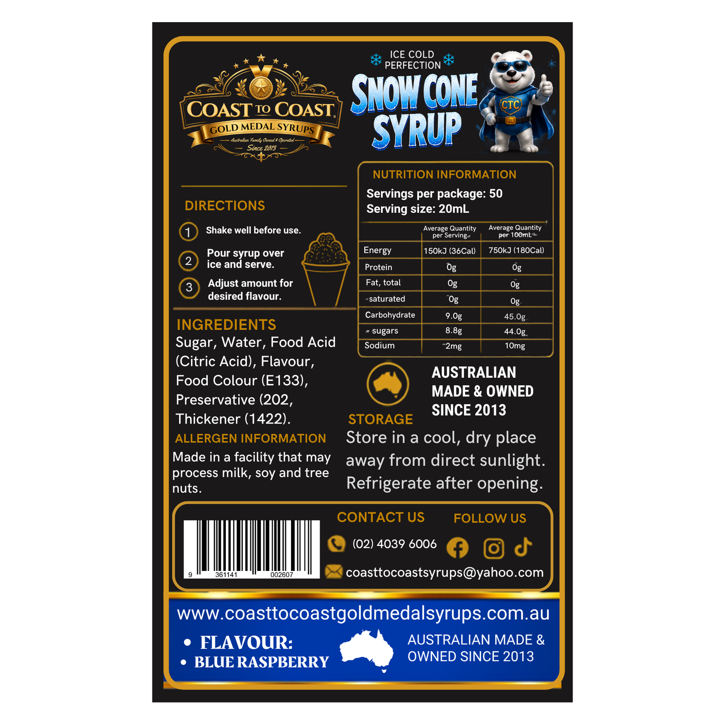 Blue Raspberry Snow Cone Syrups 4ltr - Coast to Coast Gold Medal Syrups®