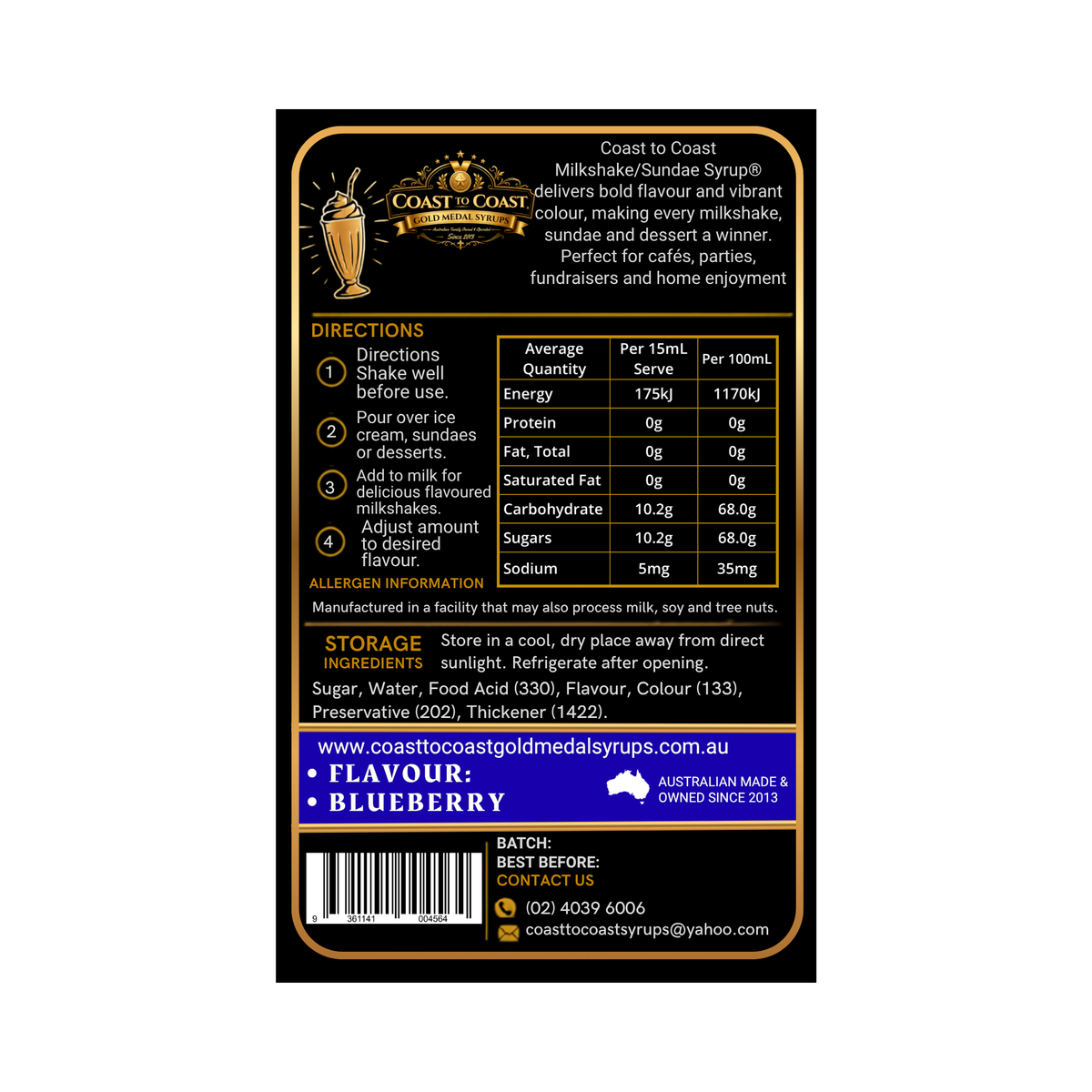 Blueberry, Milkshake/Sundae toppings 1ltr - Coast to Coast Gold Medal Syrups®