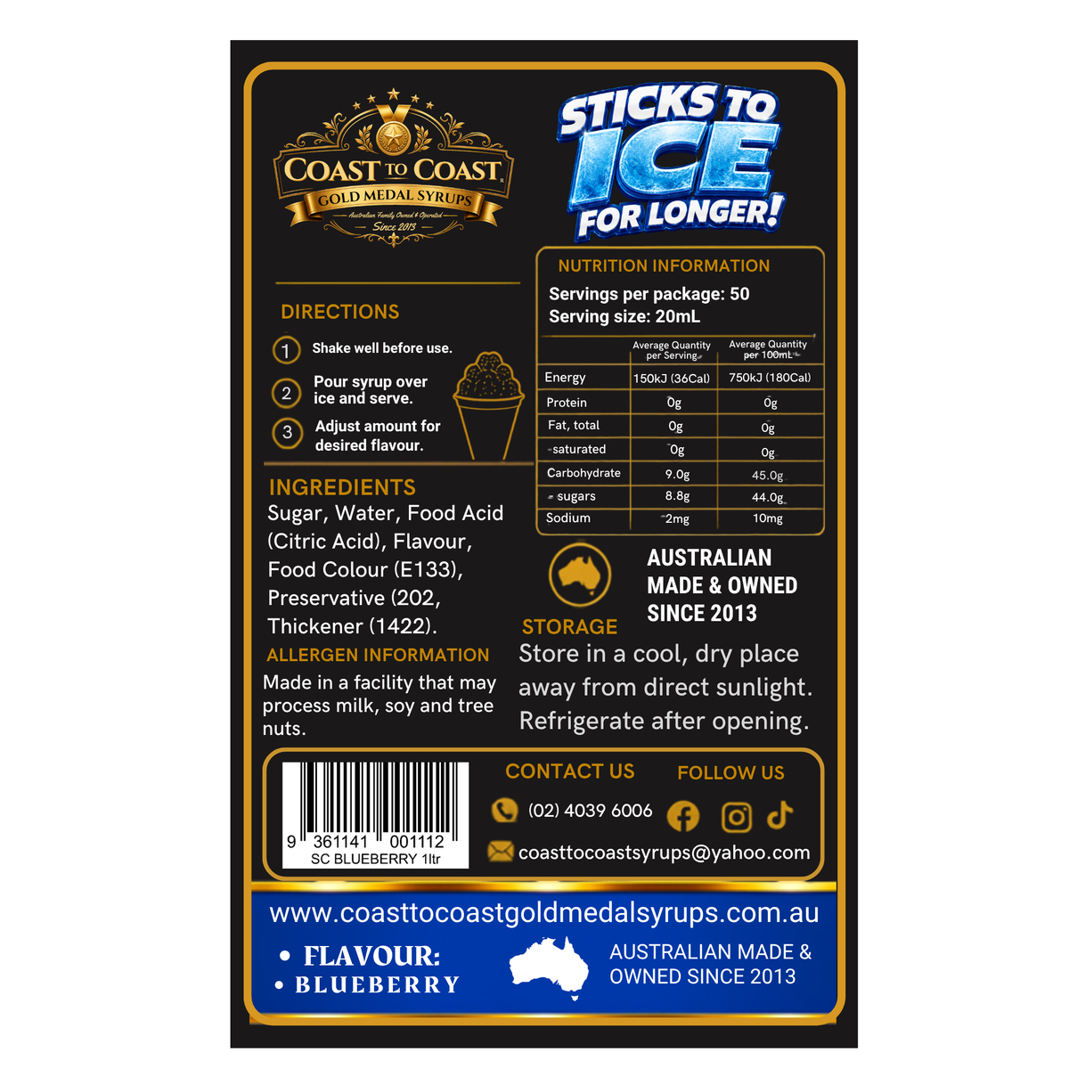 Blueberry Snow Cone Syrups 1ltr - Coast to Coast Gold Medal Syrups®