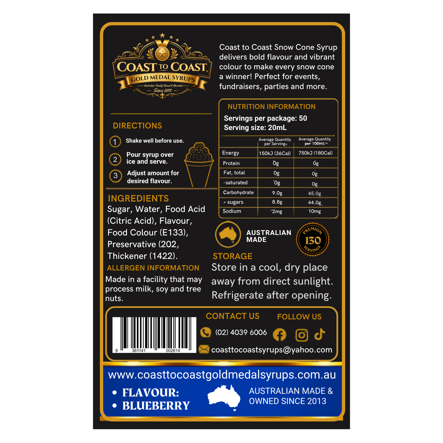 Blueberry Snow Cone Syrups 4ltr - Coast to Coast Gold Medal Syrups®