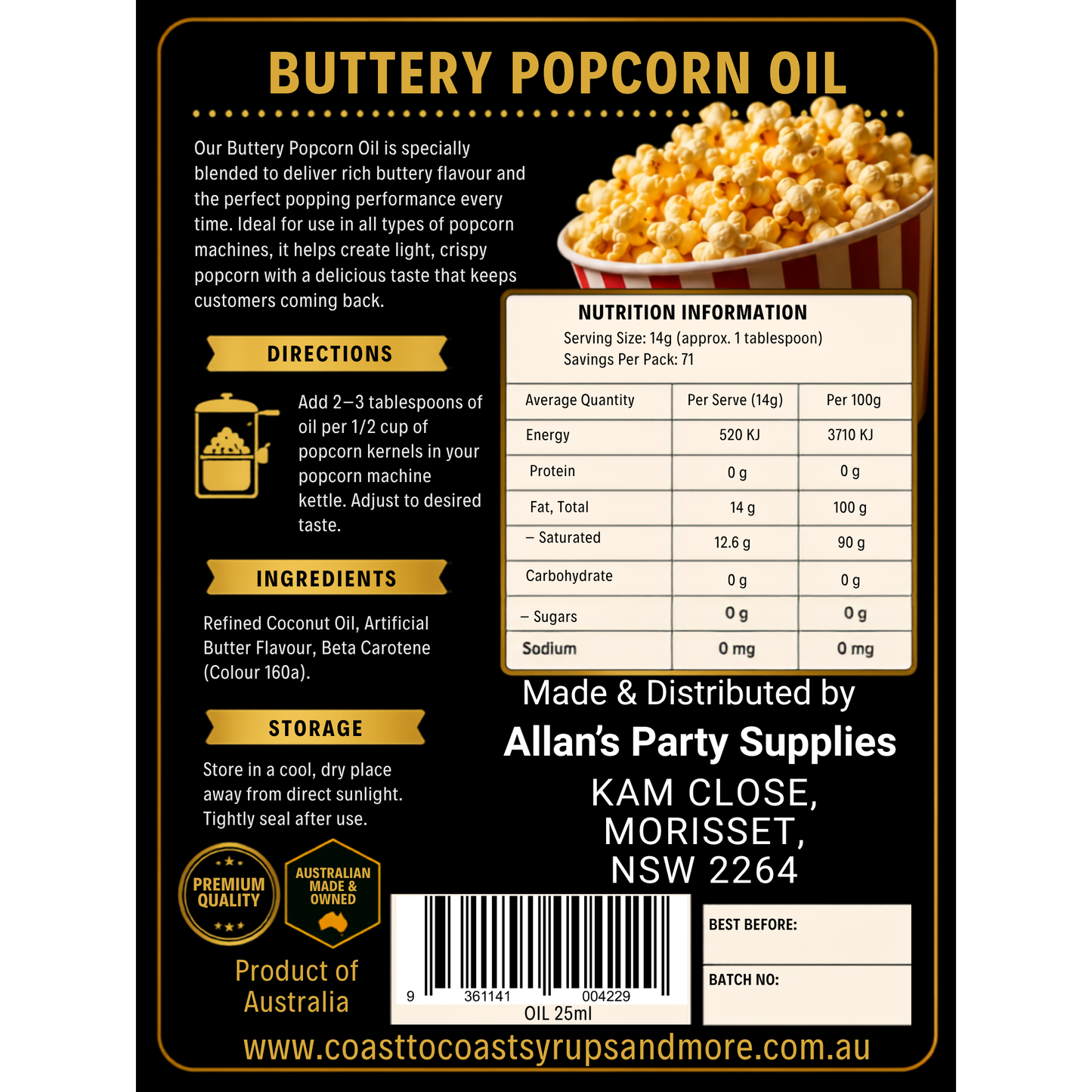 Premium Buttery Popcorn Oil 250ml - Coast to Coast Gold Medal Syrups®