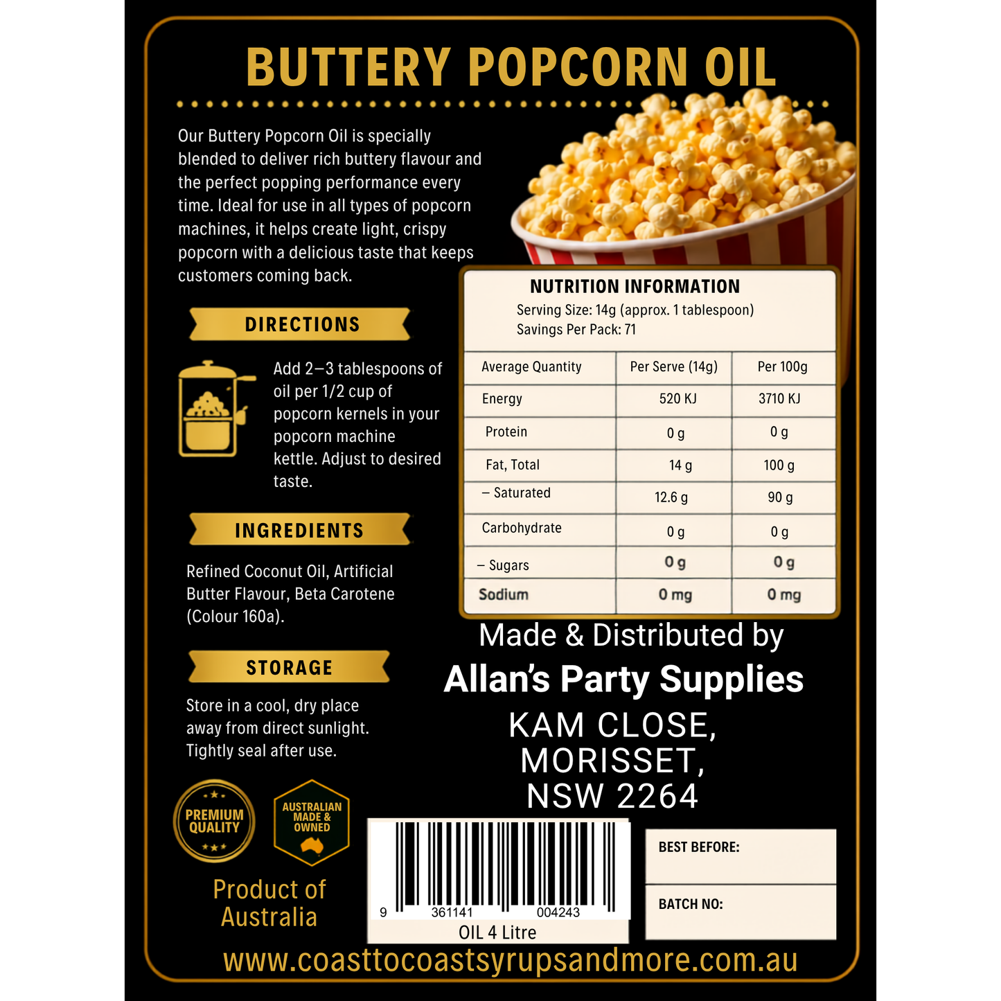 Premium Buttery Popcorn Oil 4ltr - Coast to Coast Gold Medal Syrups®