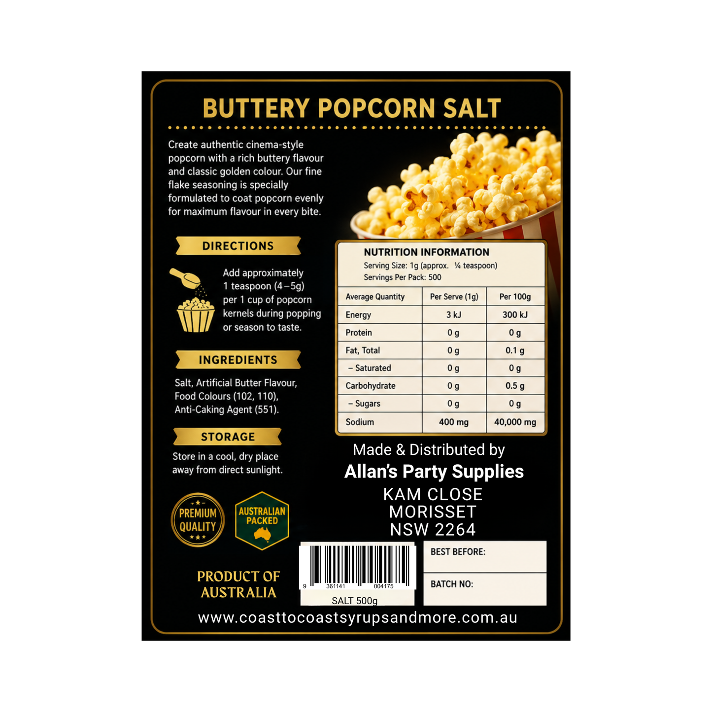 🧂 Buttery Popcorn Salt 500g - Coast to Coast Gold Medal Syrups®