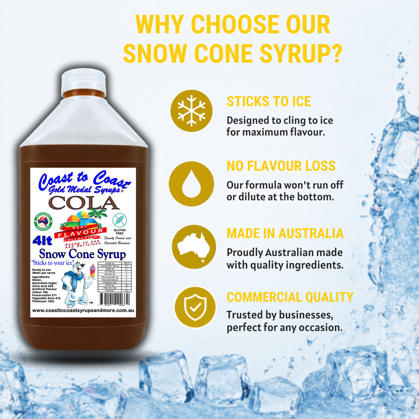 6 Cola Snow Cone Syrup, 4Ltr, Premium Ice Syrup, Coast to Coast Gold Medal Syrups®