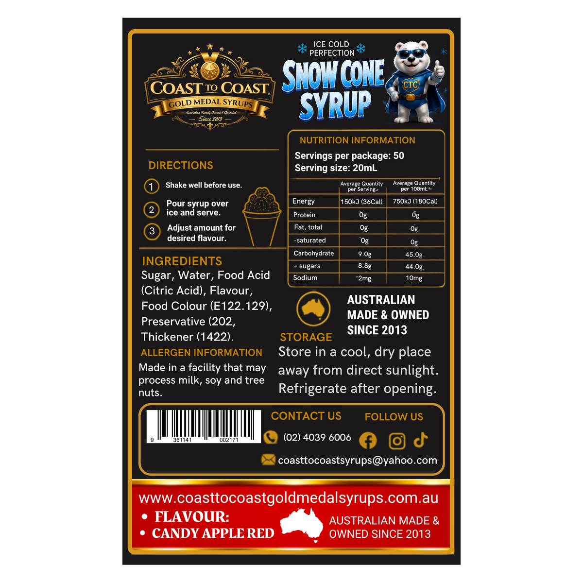 Candy Apple Red Snow Cone Syrups 2ltr - Coast to Coast Gold Medal Syrups®