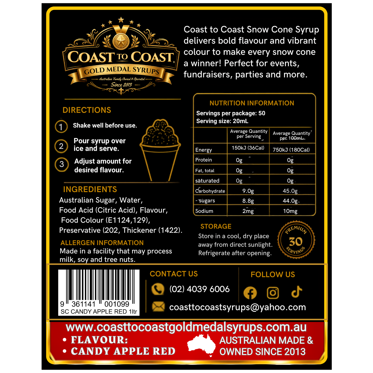 Candy Apple Red Snow Cone Syrups 1ltr - Coast to Coast Gold Medal Syrups®