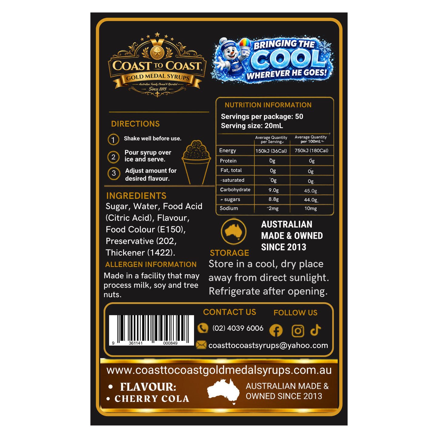Cherry Cola Snow Cone Syrups 750ml - Coast to Coast Gold Medal Syrups®