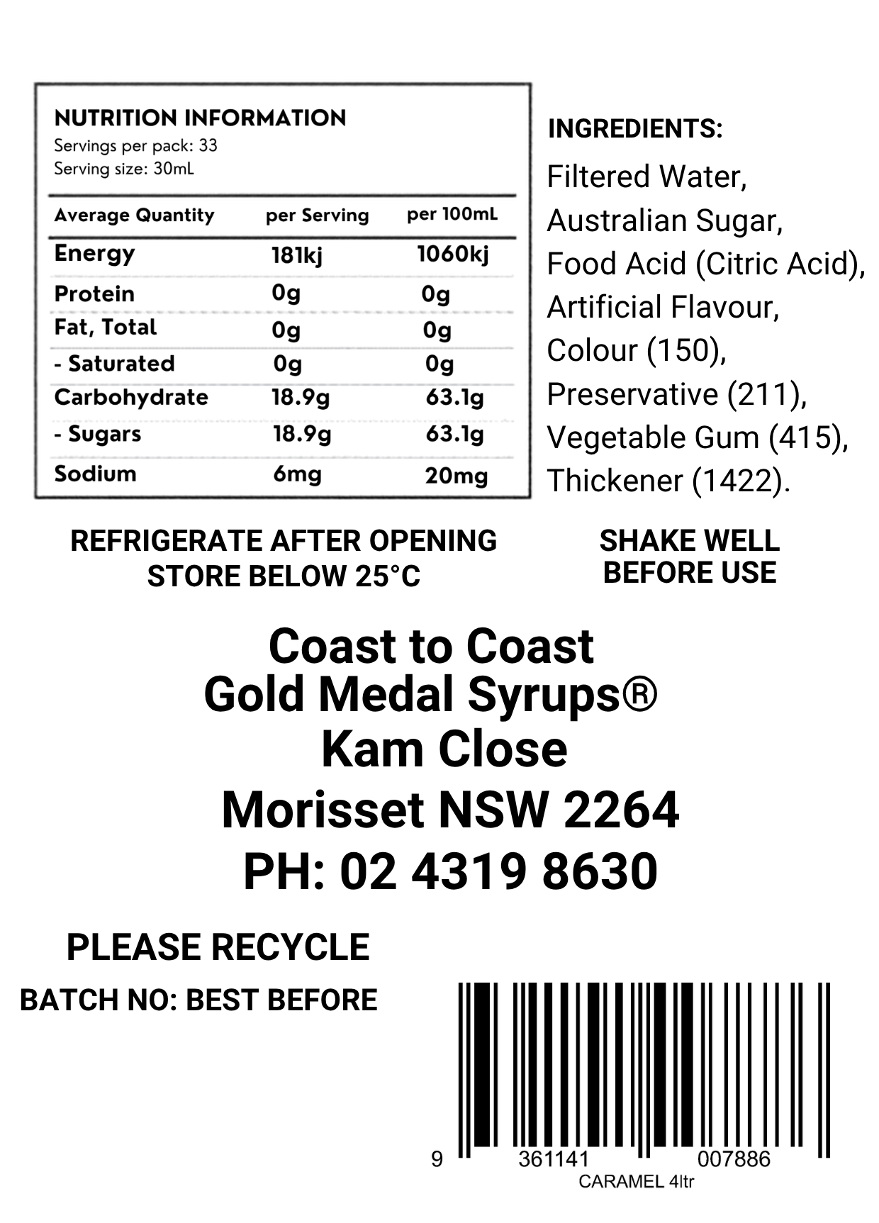#4 Caramel, Milkshake/Sundae toppings 4ltr, Coast to Coast Gold Medal Syrups®