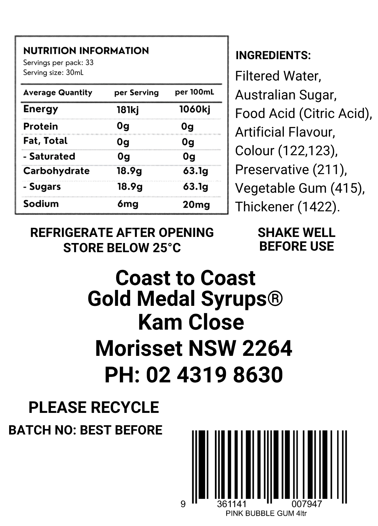 #4 Pink Bubble Gum, Milkshake/Sundae Toppings 4ltr with pump, Coast to Coast Gold Medal Syrups®