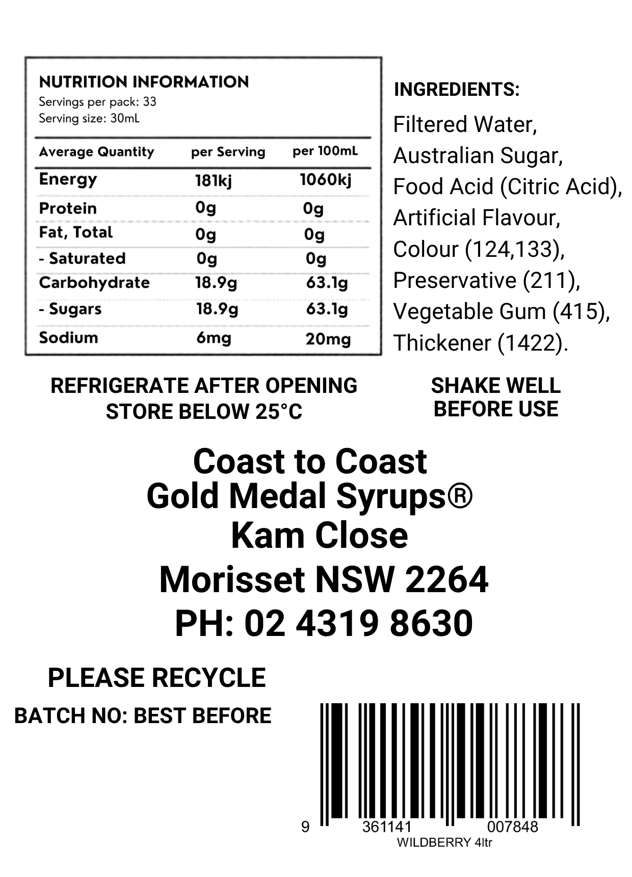 #4 Wildberry, Milkshake/Sundae Toppings 4ltr, Coast to Coast Gold Medal Syrups®