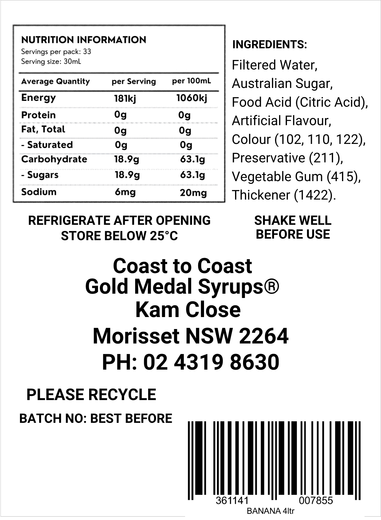 #4 Banana, Milkshake/Sundae toppings 4ltr with pump, Coast to Coast Gold Medal Syrups®