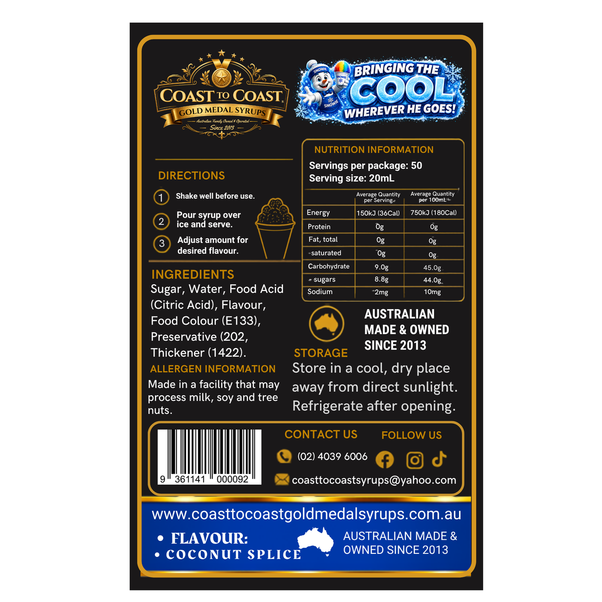 Coconut Splice Snow Cone Syrups 250ml - Coast to Coast Gold Medal Syrups®