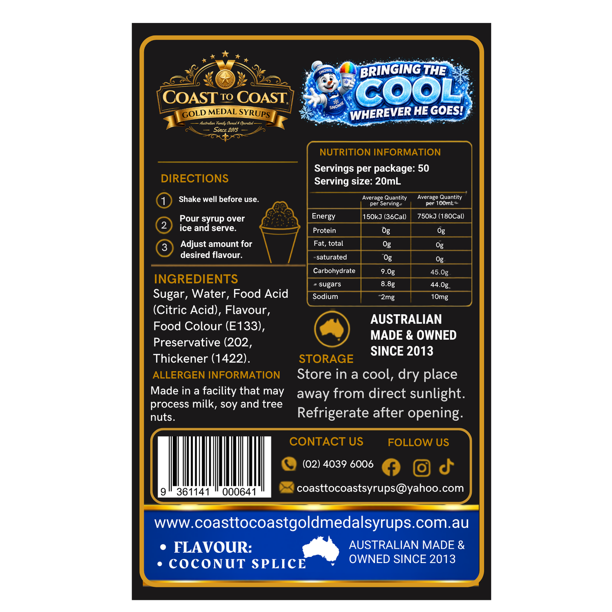 Coconut Splice Snow Cone Syrups 375ml - Coast to Coast Gold Medal Syrups®